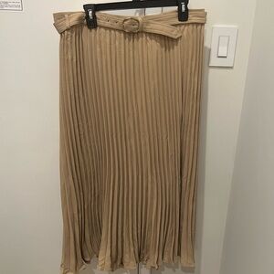 Beige Pleated Midi Skirt with Belt